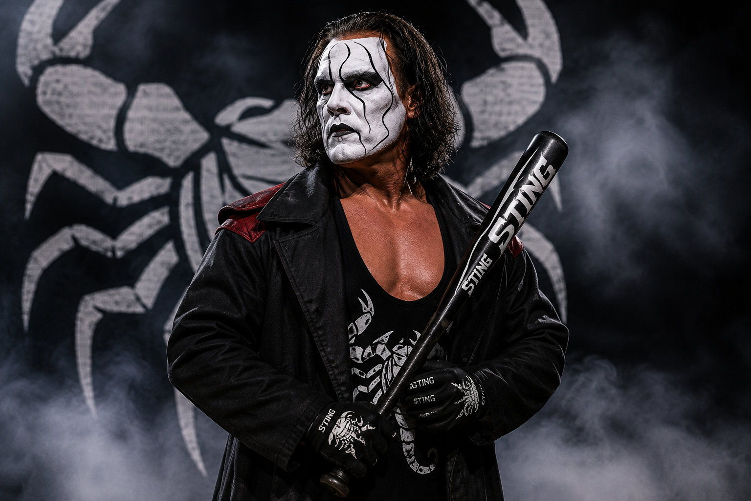 Sting in his iconic black-and-white Crow face paint holding his signature scorpion bat